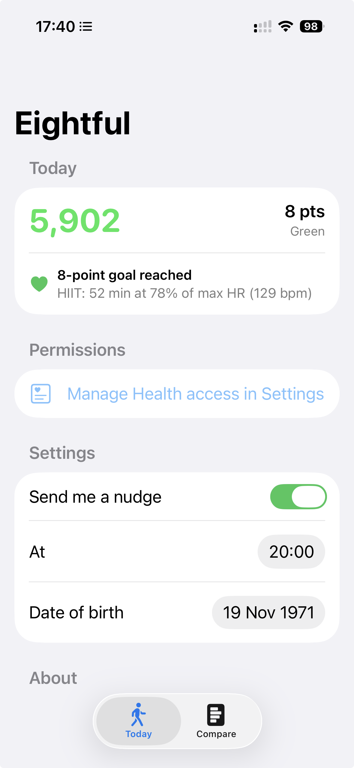 iPhone Today screen with 5,902 steps in green, 8 points, and an 8-point goal reached banner showing HIIT 52 min at 78% of max HR