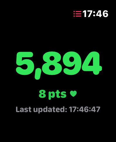 Eightful watch app showing 5,894 steps in green with 8 points and a heart, plus last-updated timestamp