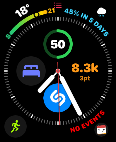 Apple Watch showing the Eightful circular complication with an orange 8.3k step count and 3 points