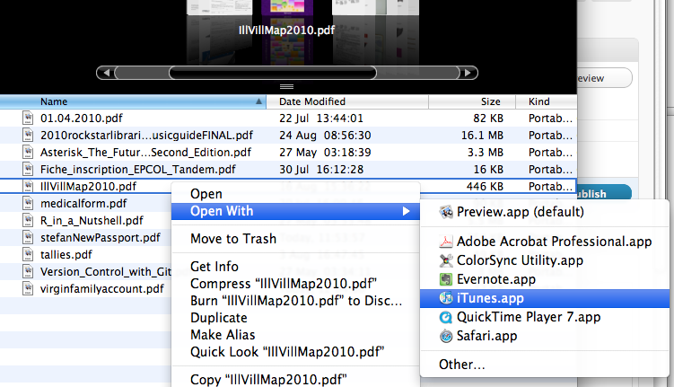 iTunes in the context menu for a pdf file